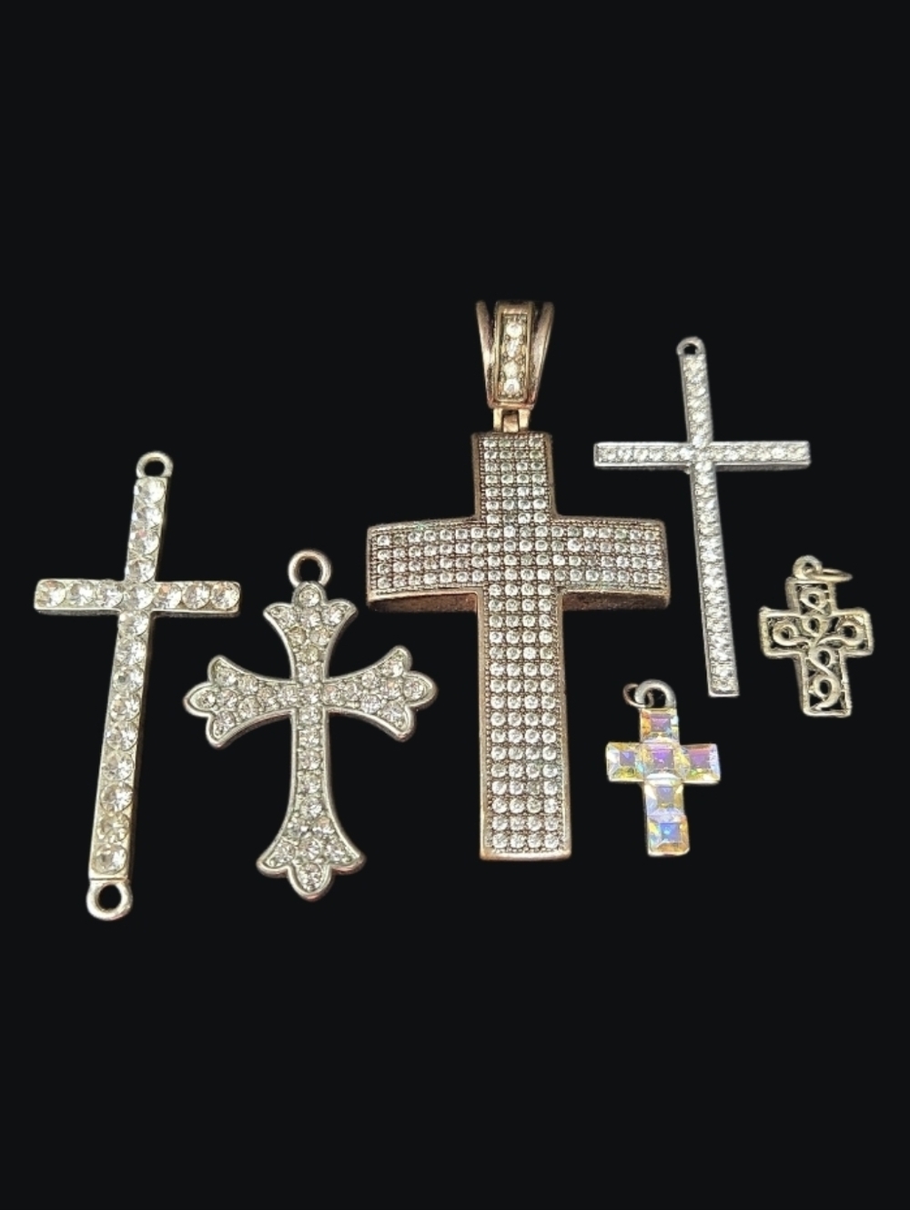 Set Of 6 Mixed Cross Pendants - Antique And Silver Tones